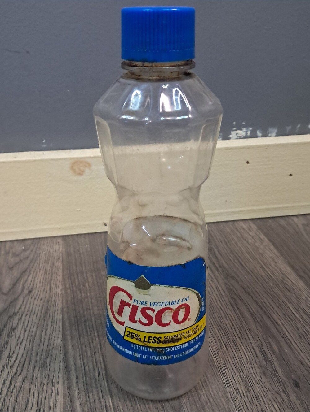 Vintage Crisco Pure Vegetable Oil Clear Empty Plastic Bottle with Blue Cap 16 oz